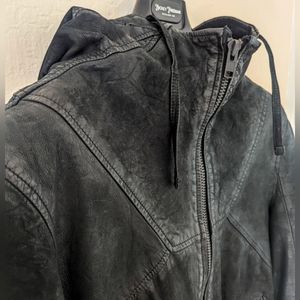 Allsaints London Hooded Leather Biker Jacket Size L